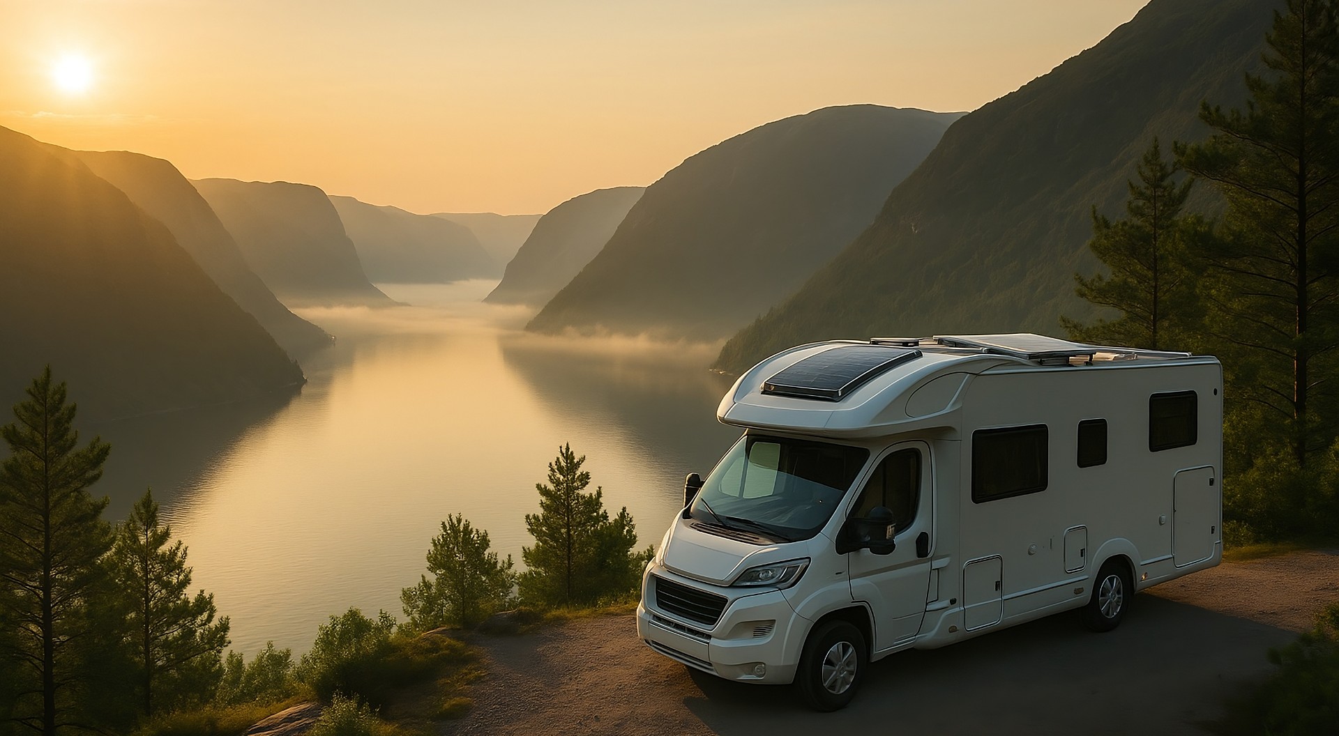 Solar-powered RV parked above a Norwegian fjord at sunrise