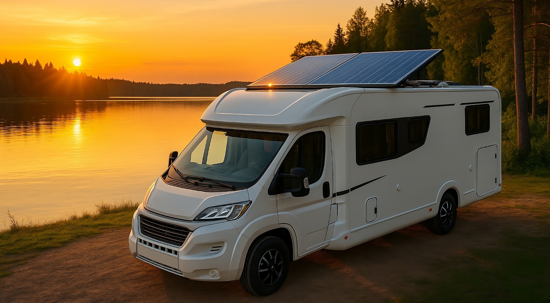Solar-powered RV parked by a lake at golden sunset