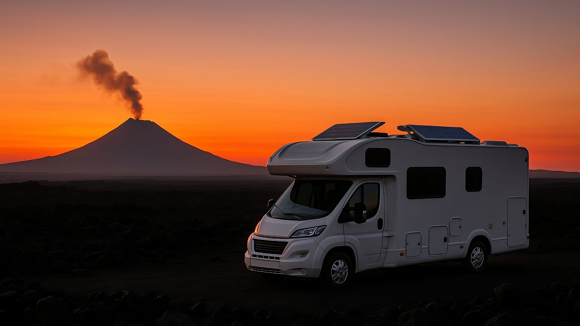 Volcano-side sunset, RV with rooftop panels