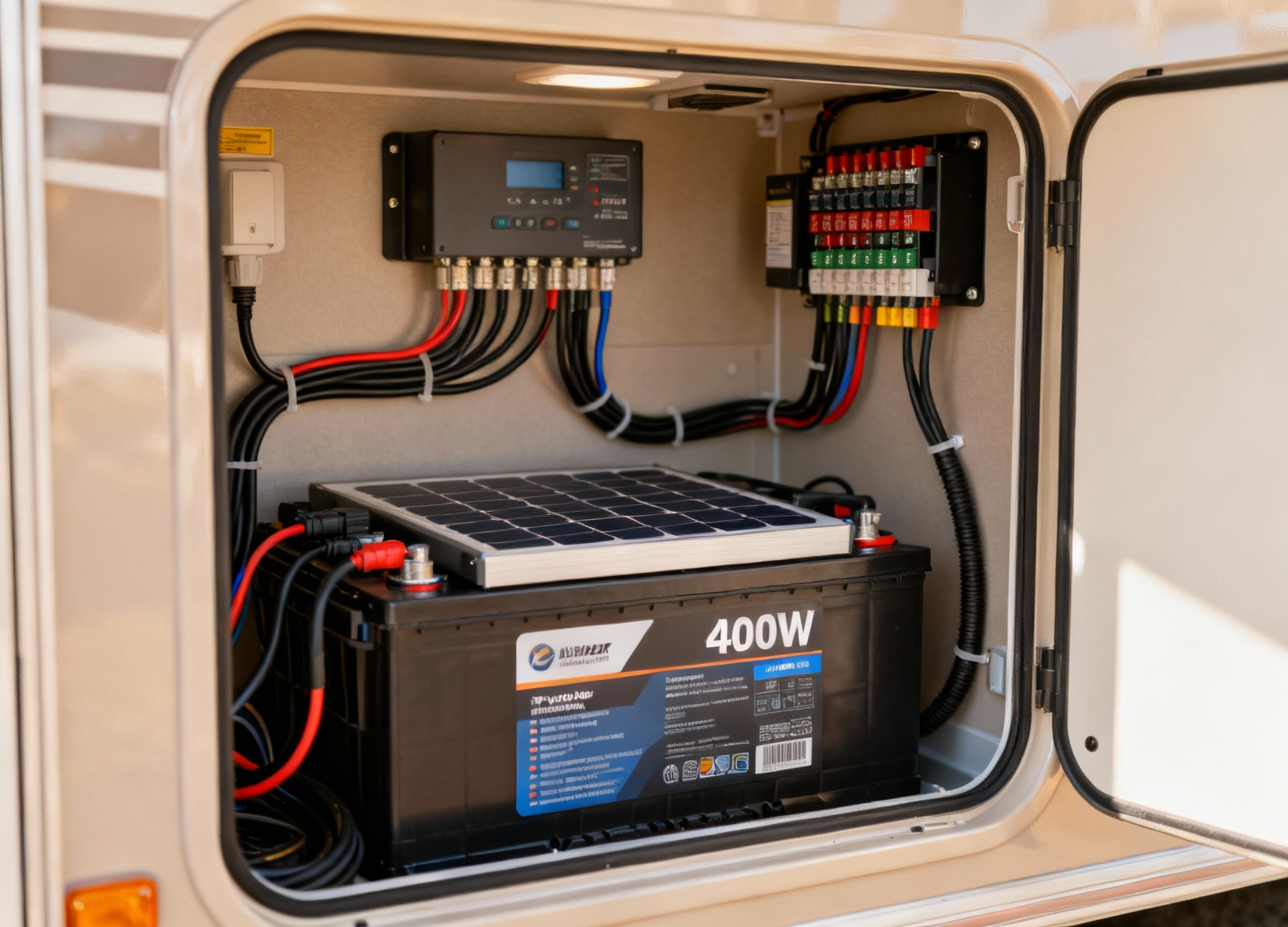 Complete 400W solar kit wiring to RV battery bank