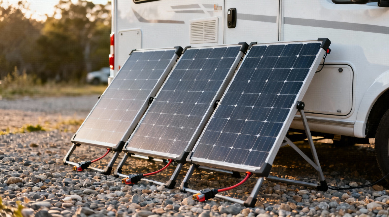 Portable RV solar panels deployed at campsite during golden hour