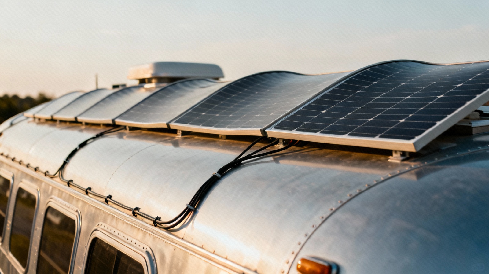 Flexible solar panels installed on curved RV roof