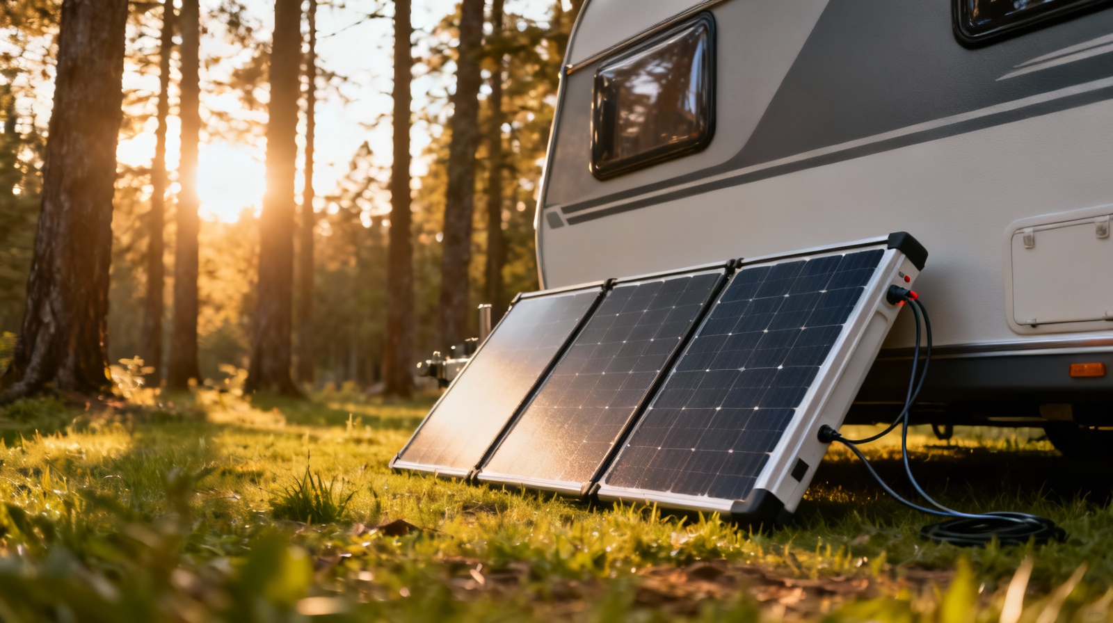 Suitcase solar panels positioned beside RV in natural sunlight