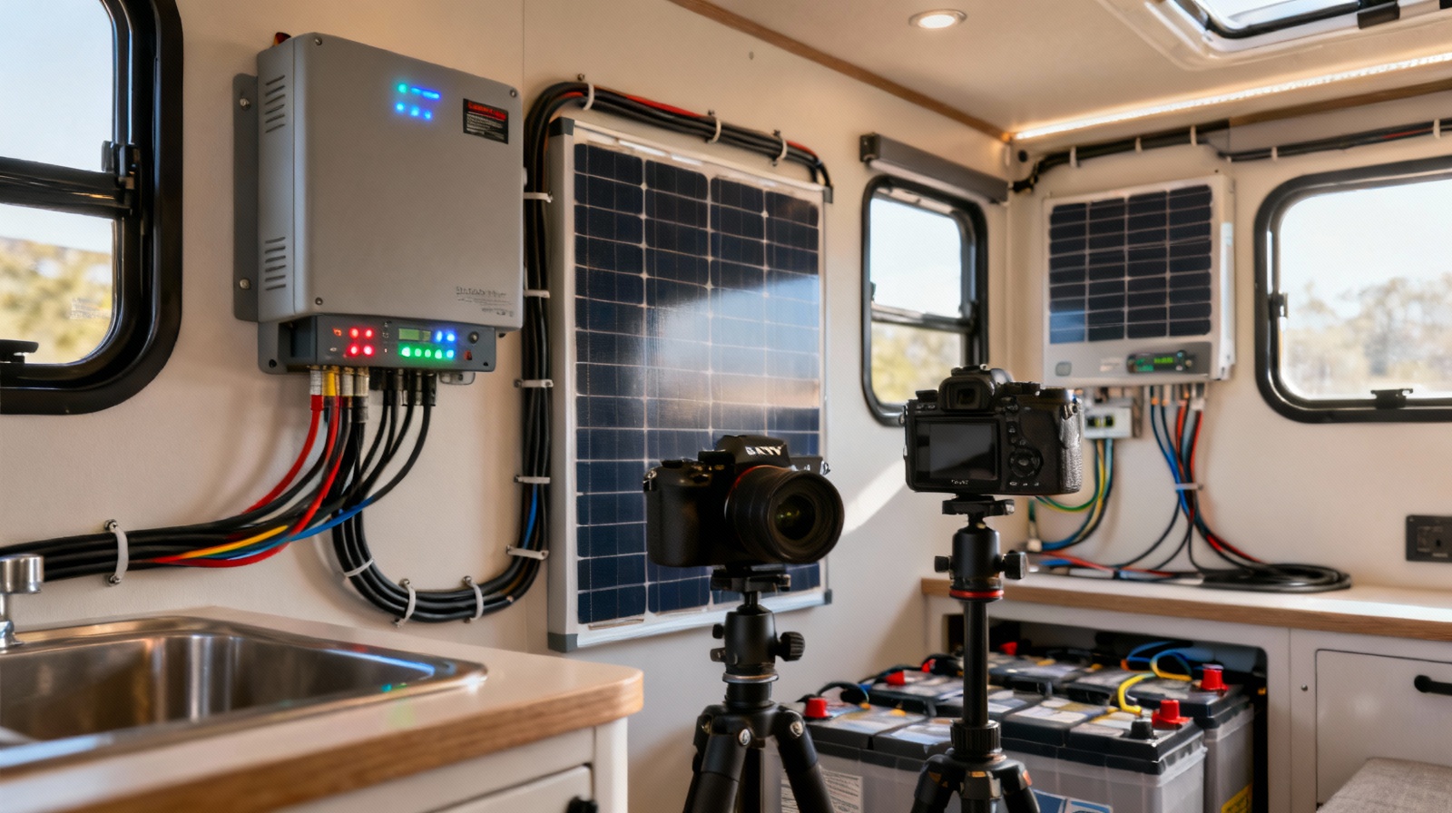 Complete RV solar panel kit components displayed outdoors