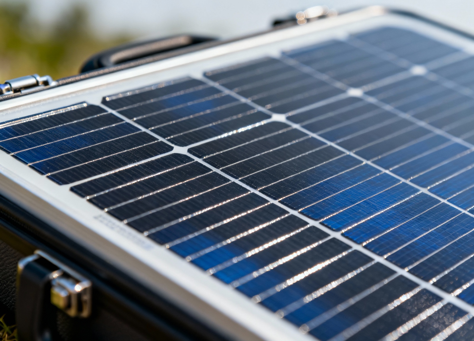 Close-up view of monocrystalline solar cells in portable panel
