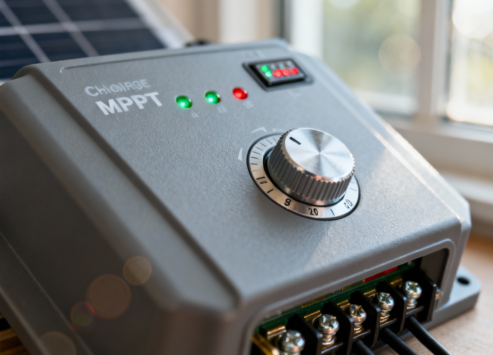MPPT solar charge controller for RV installation close-up