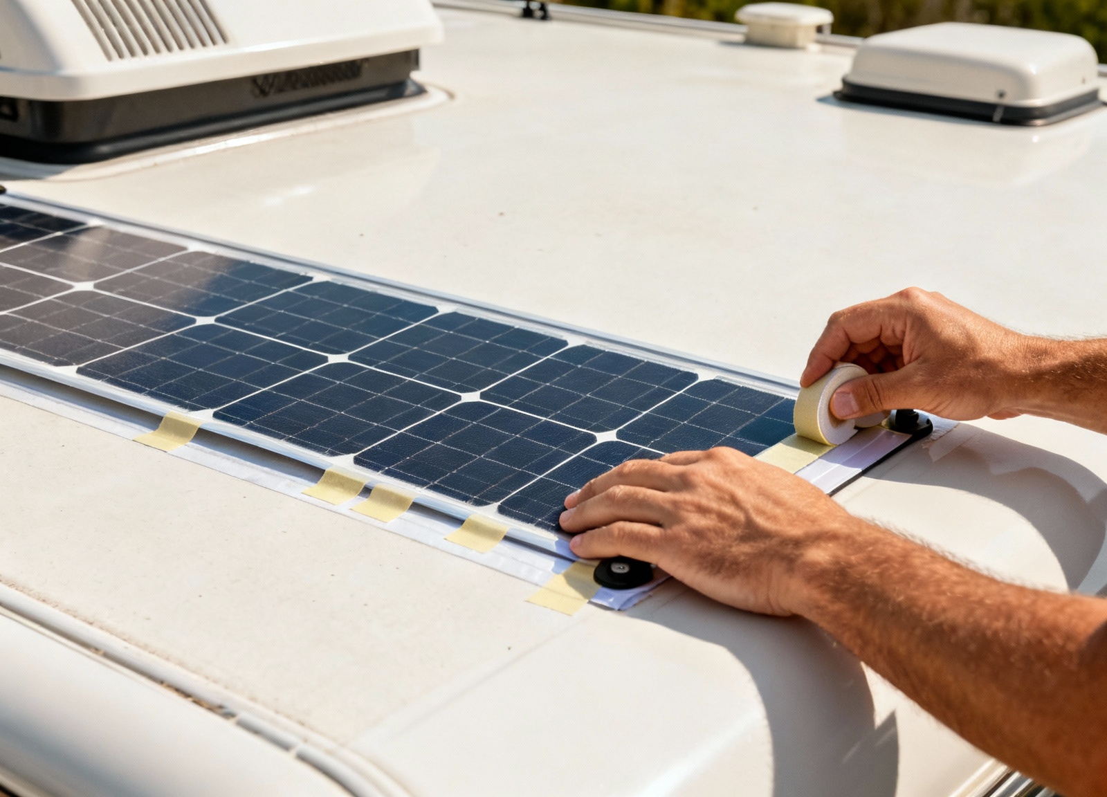 Installing flexible RV solar panel with mounting tape