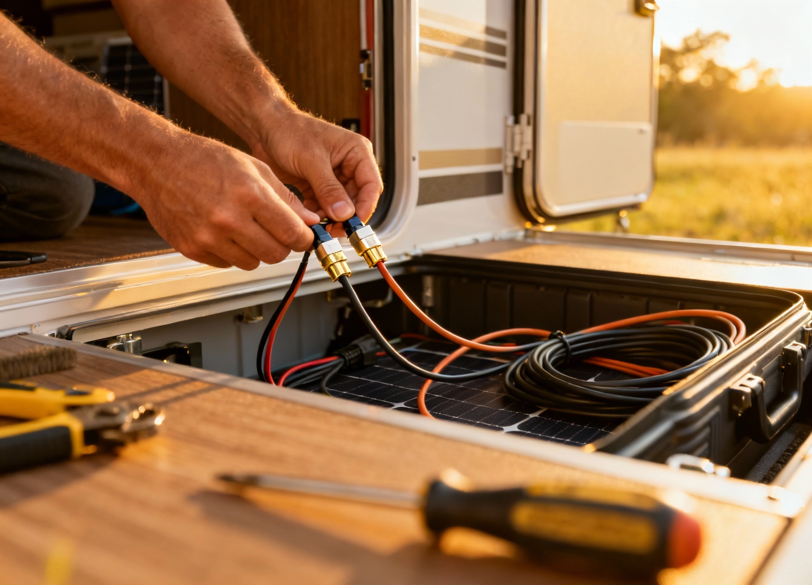 Connecting MC4 cables to portable RV solar panels properly