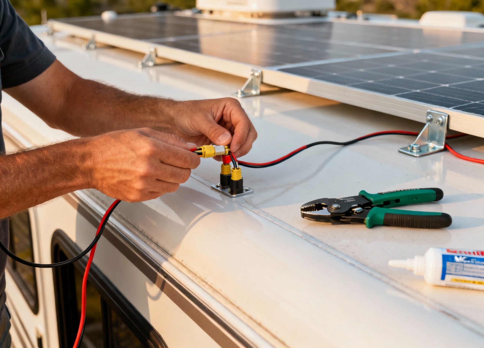 Connecting MC4 solar panel connectors on RV roof