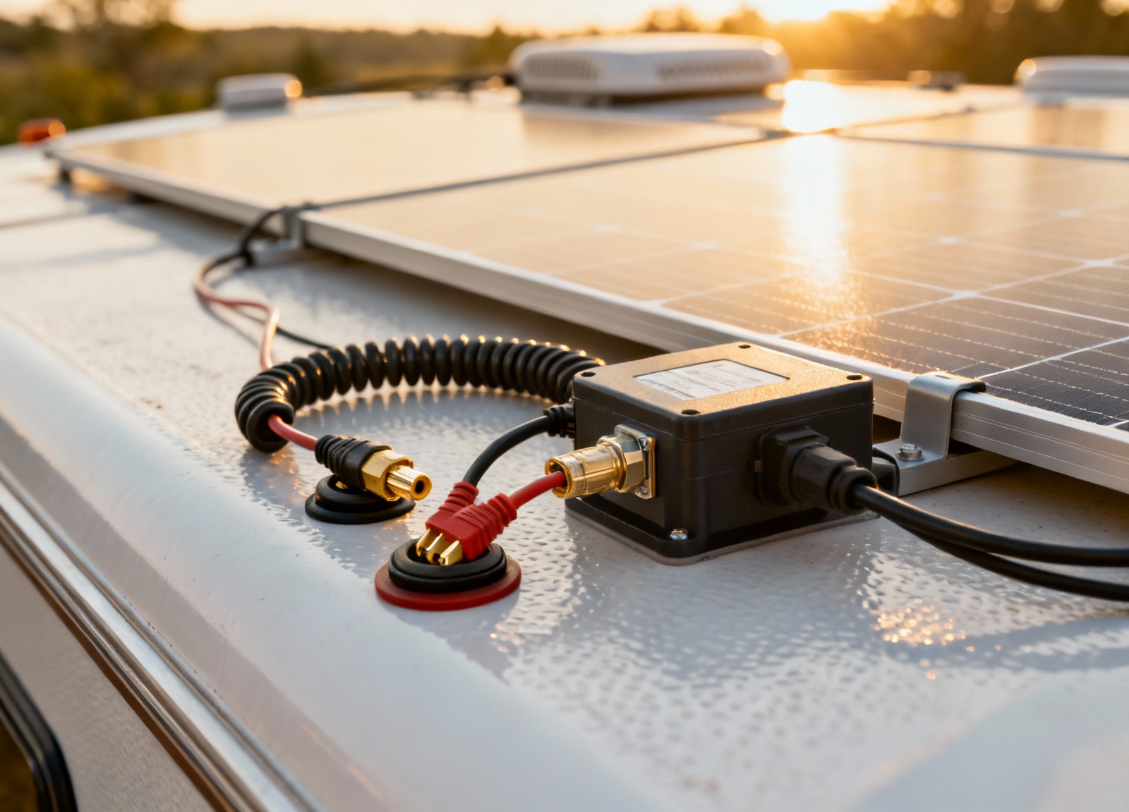 Weatherproof MC4 connectors on flexible solar panel