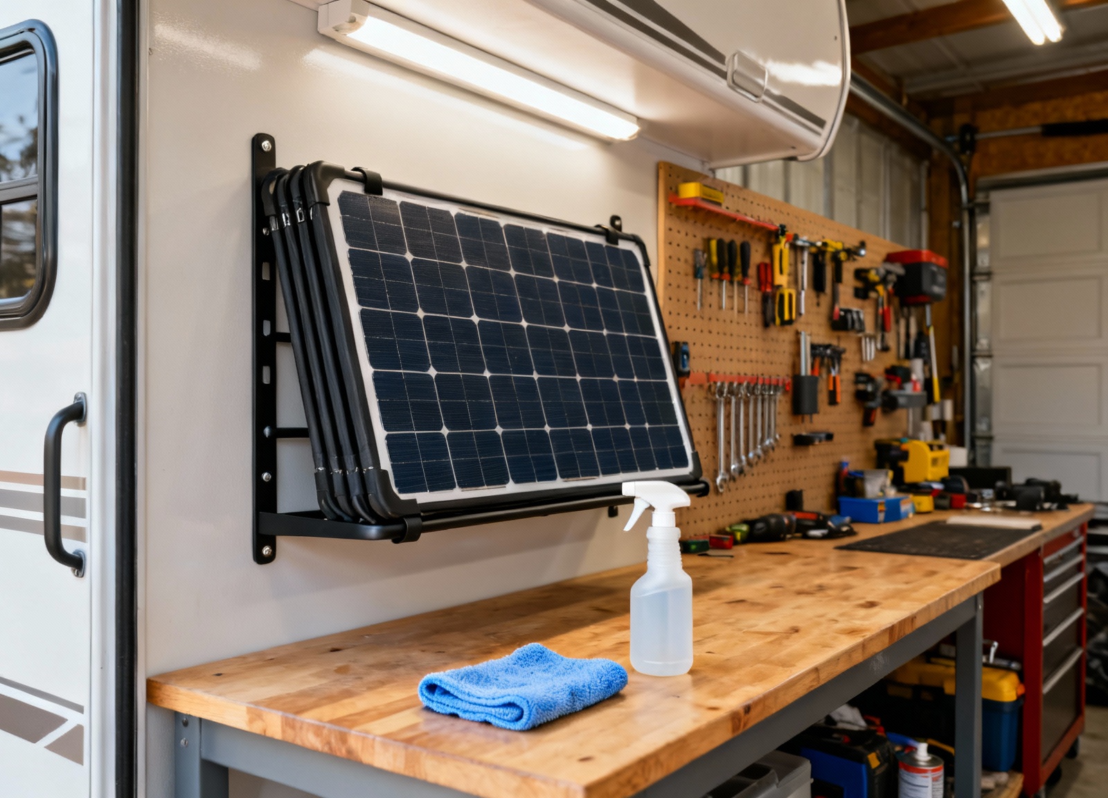 Organized RV storage area for portable solar panel maintenance