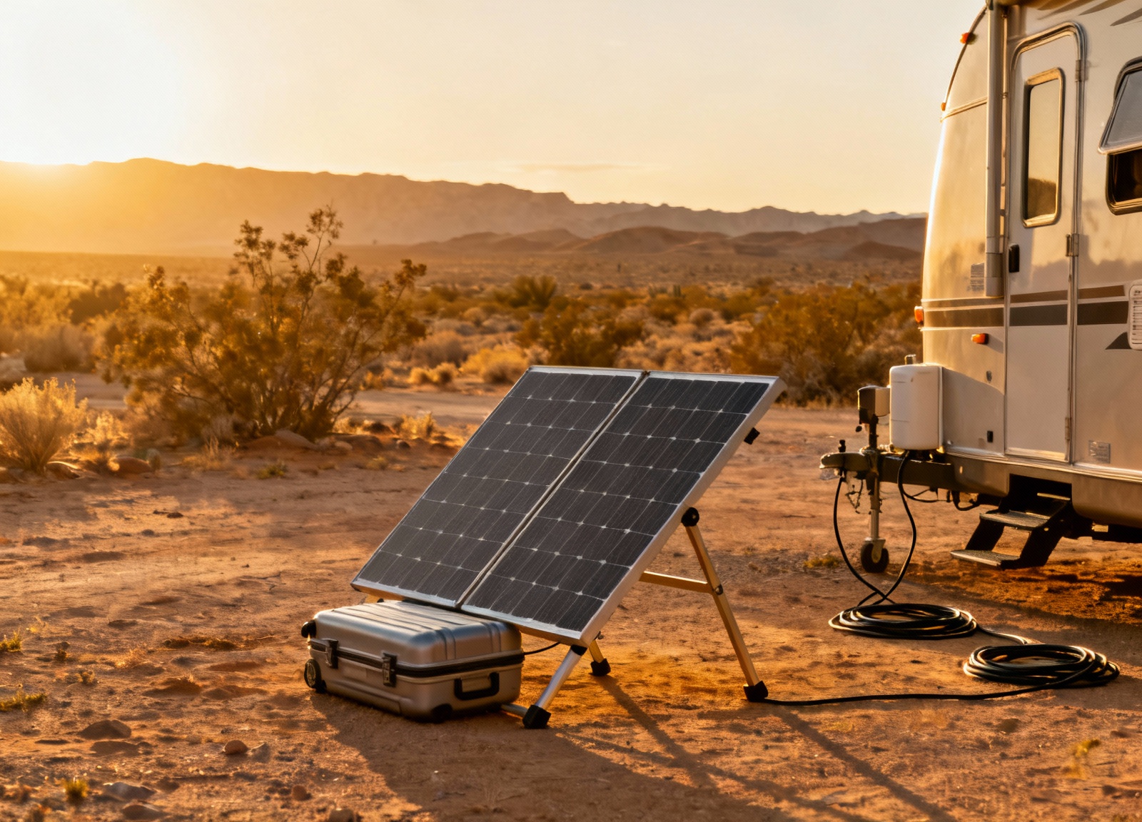 Optimal suitcase solar panel positioning at RV campsite setup