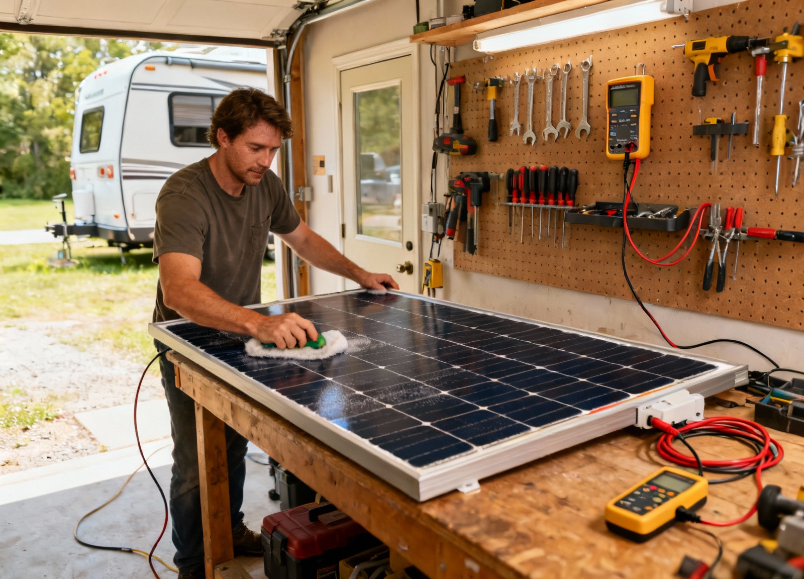 RV workshop setup for solar panel maintenance