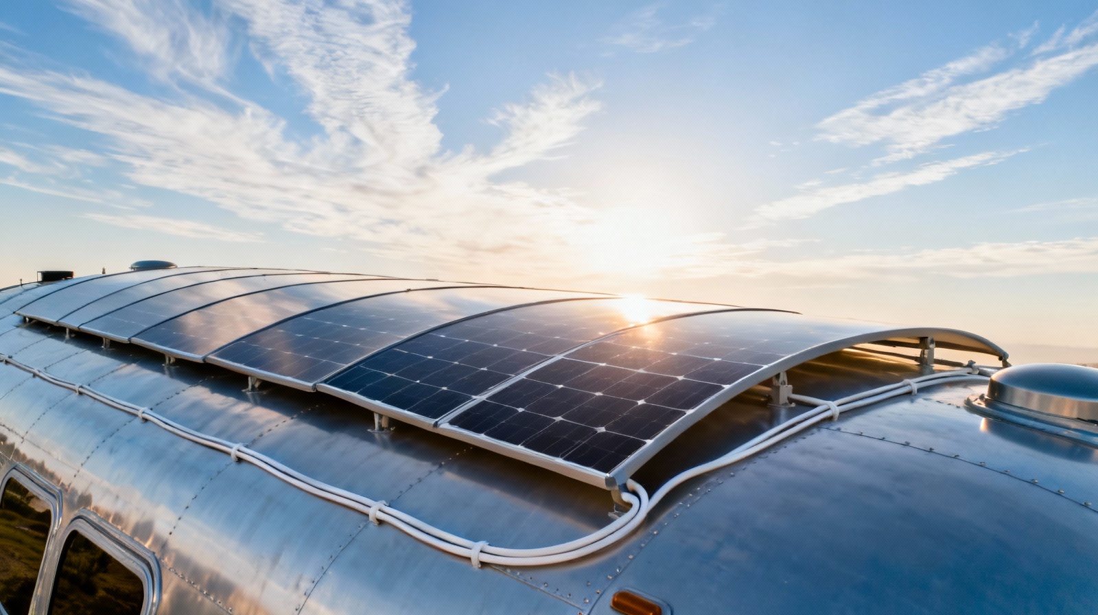 Flexible RV solar panels being installed on curved roof