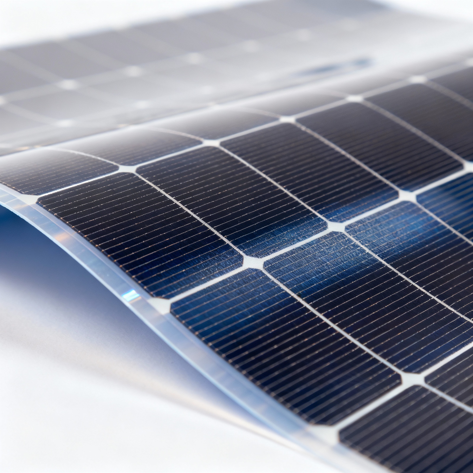 Close-up view of flexible solar panel cells and coating
