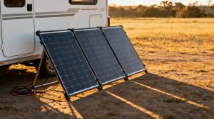 Portable RV solar panels deployed beside camper van in morning light