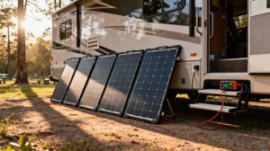 Portable RV solar panels setup outside motorhome in natural sunlight