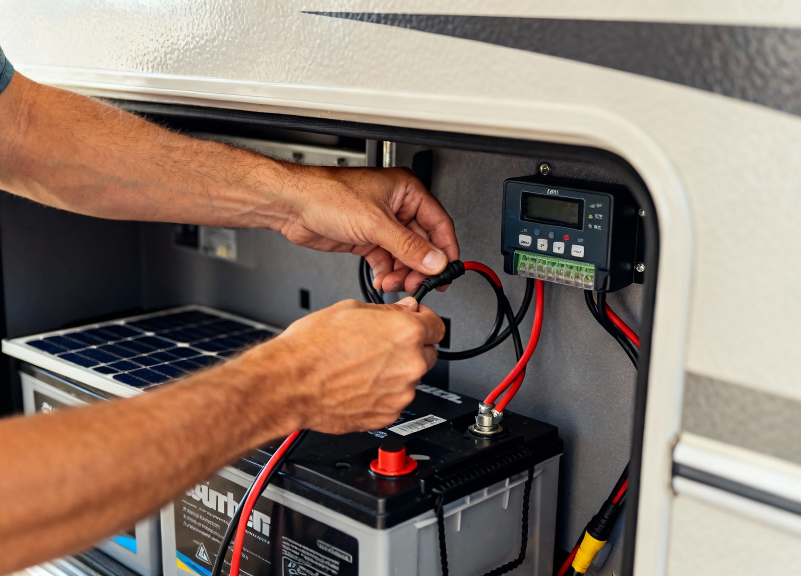 Installing portable solar panel cables to RV battery system