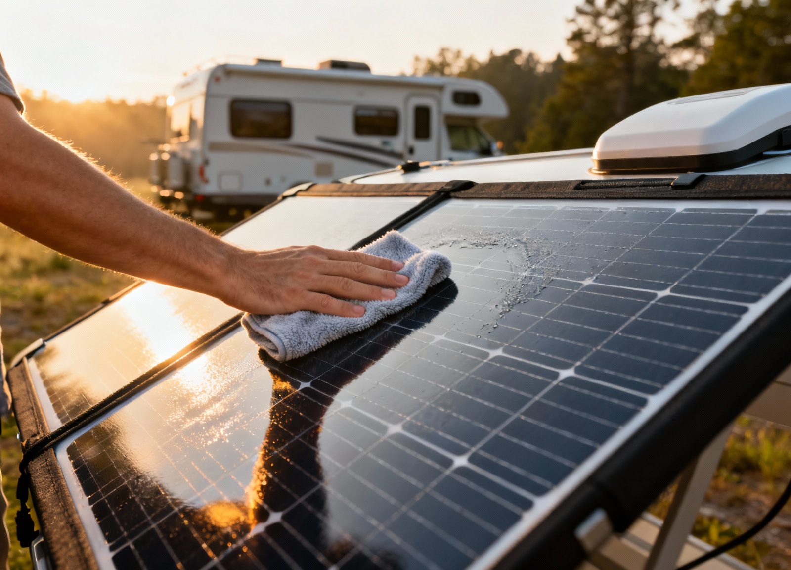 Cleaning portable RV solar panels with microfiber cloth