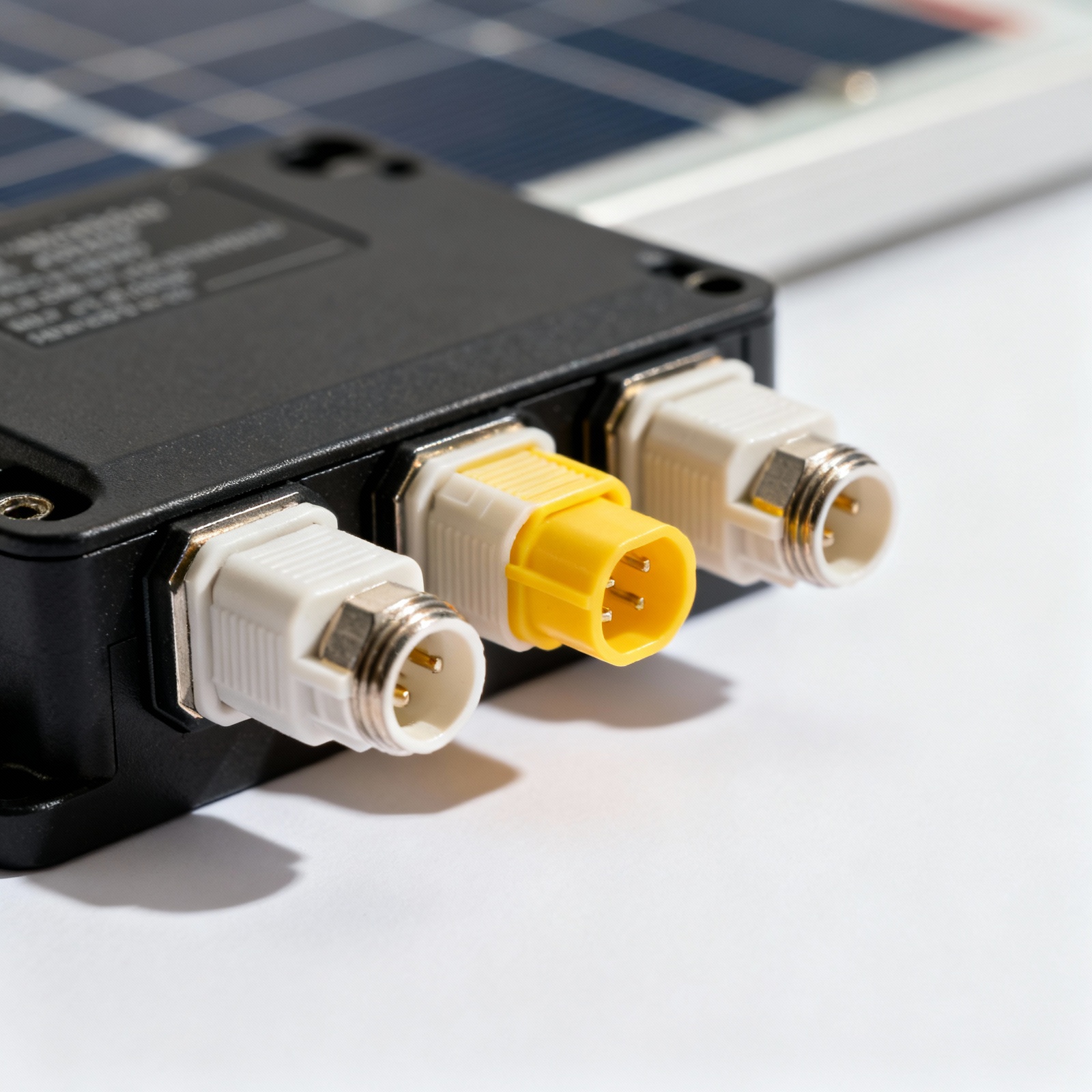 Close-up of solar panel MC4 connectors and junction box