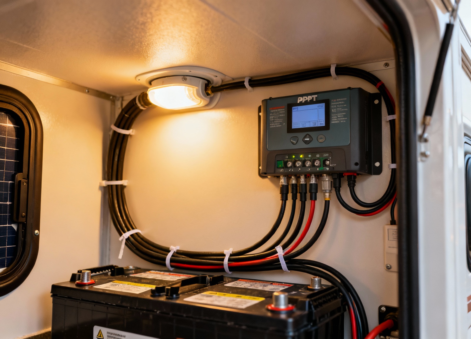 MPPT solar charge controller installation in RV electrical bay