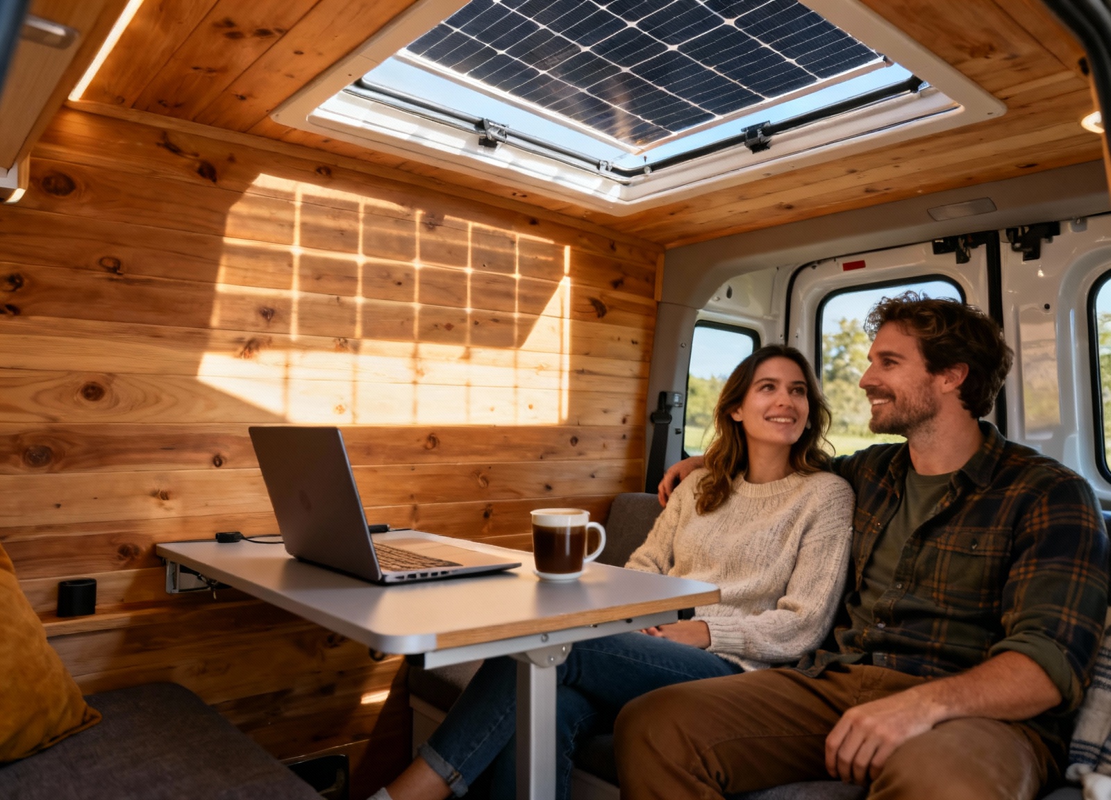RV couple working remotely powered by rigid solar panel system
