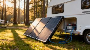 Portable suitcase solar panels charging RV batteries outdoors