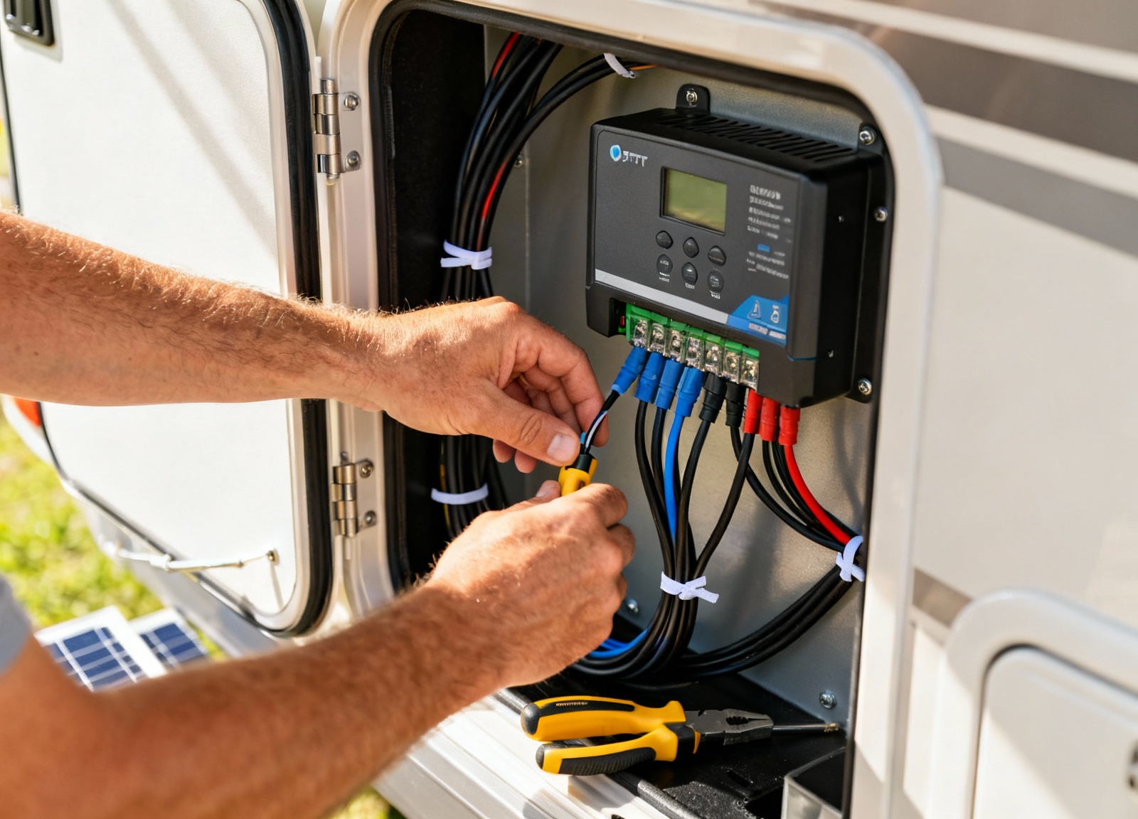 Installing suitcase solar panel cables to RV charge controller