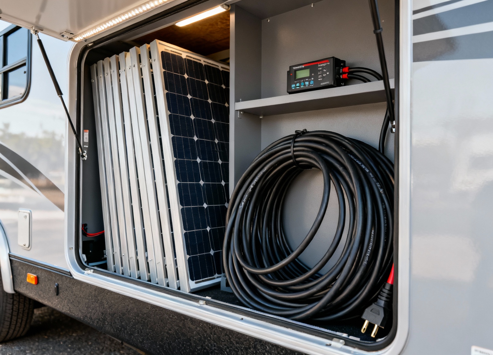 RV storage compartment with portable solar panel equipment organized