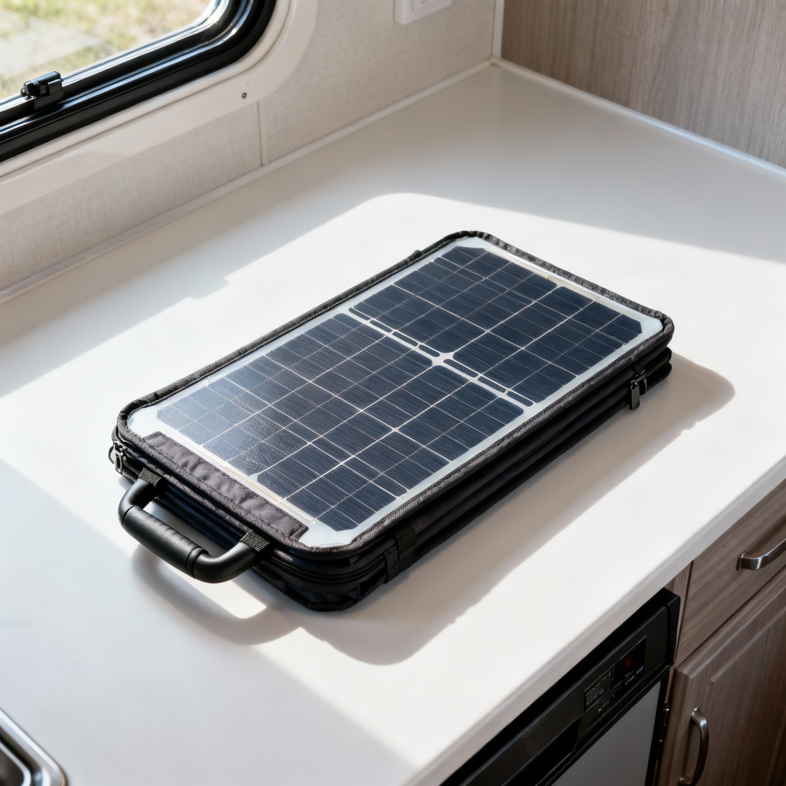 Compact folded suitcase solar panel for RV storage