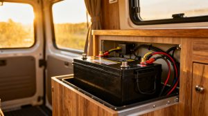 LiFePO4 battery installed in RV compartment with organized wiring