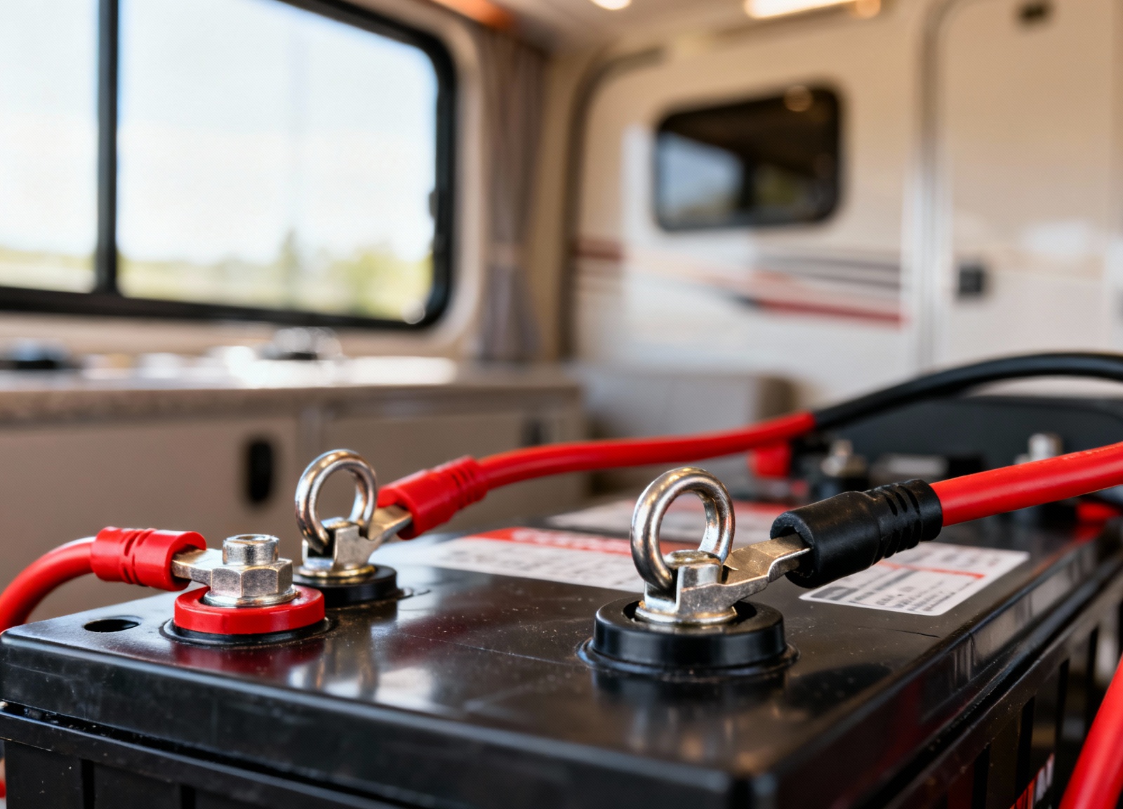 Close-up of LiFePO4 battery terminals with secure cable connections