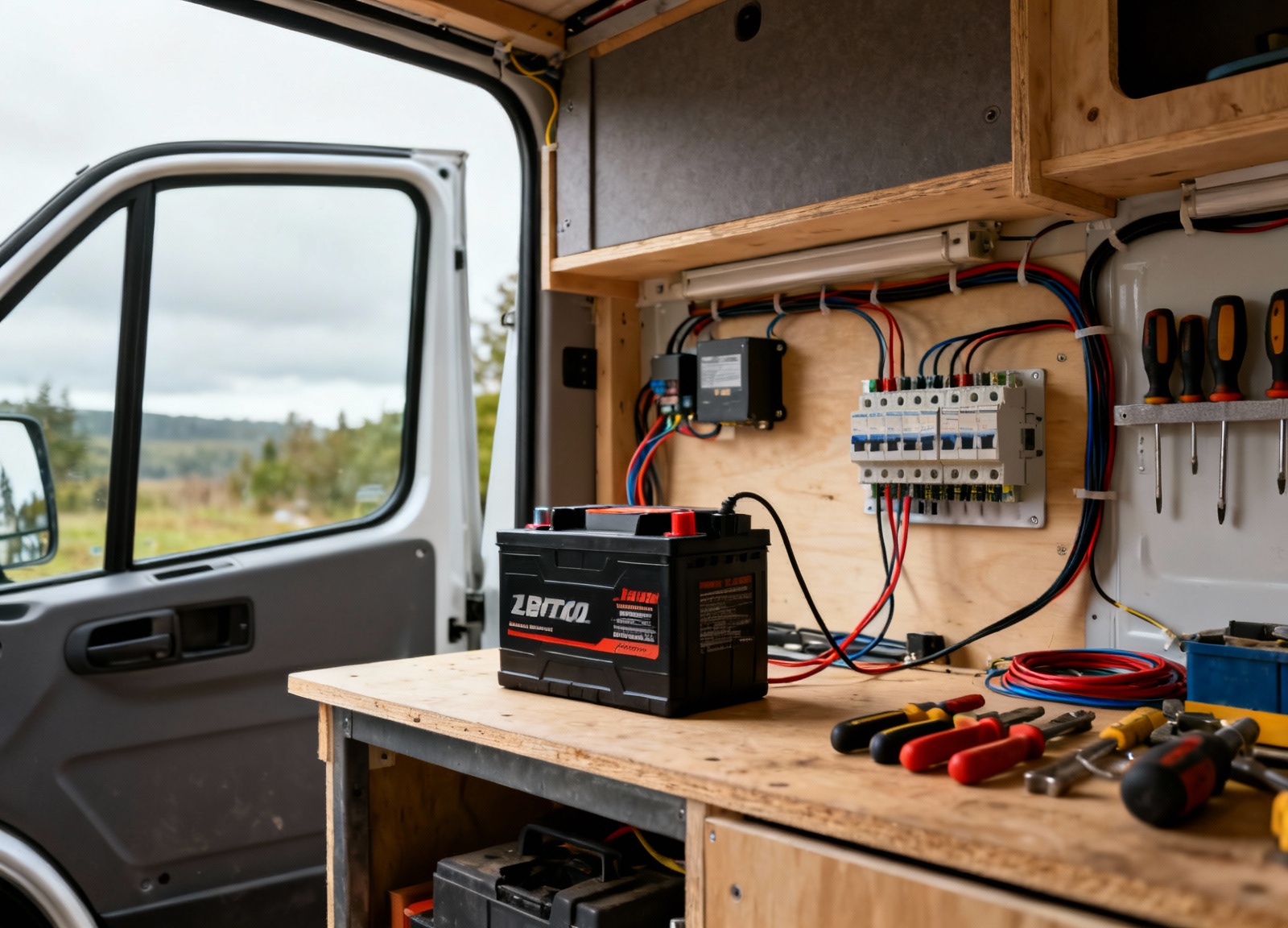 RV workshop setup with lithium battery and installation tools ready