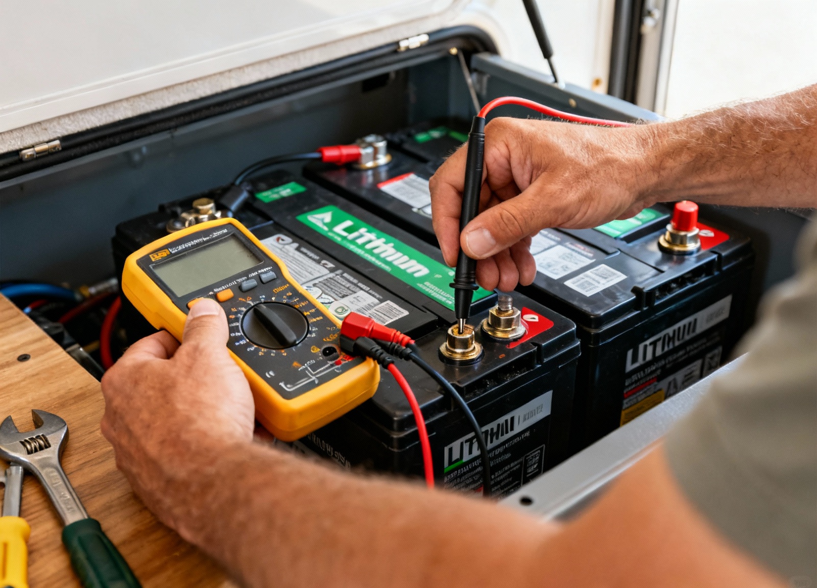 Testing RV lithium battery voltage with multimeter during installation