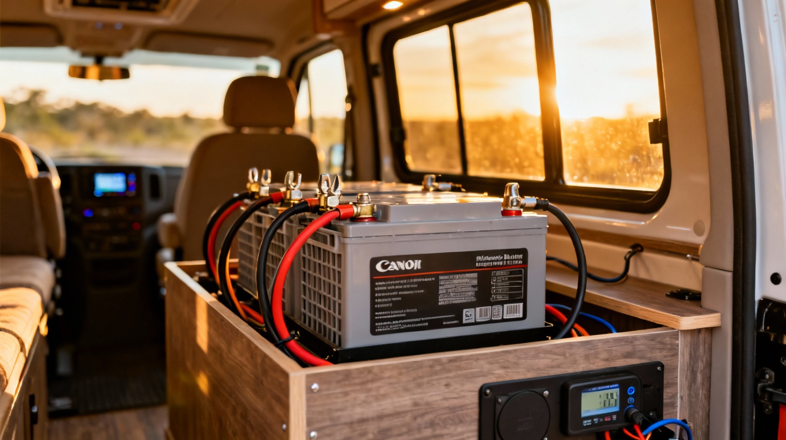 Professional 200Ah LiFePO4 battery installation inside modern RV electrical compartment