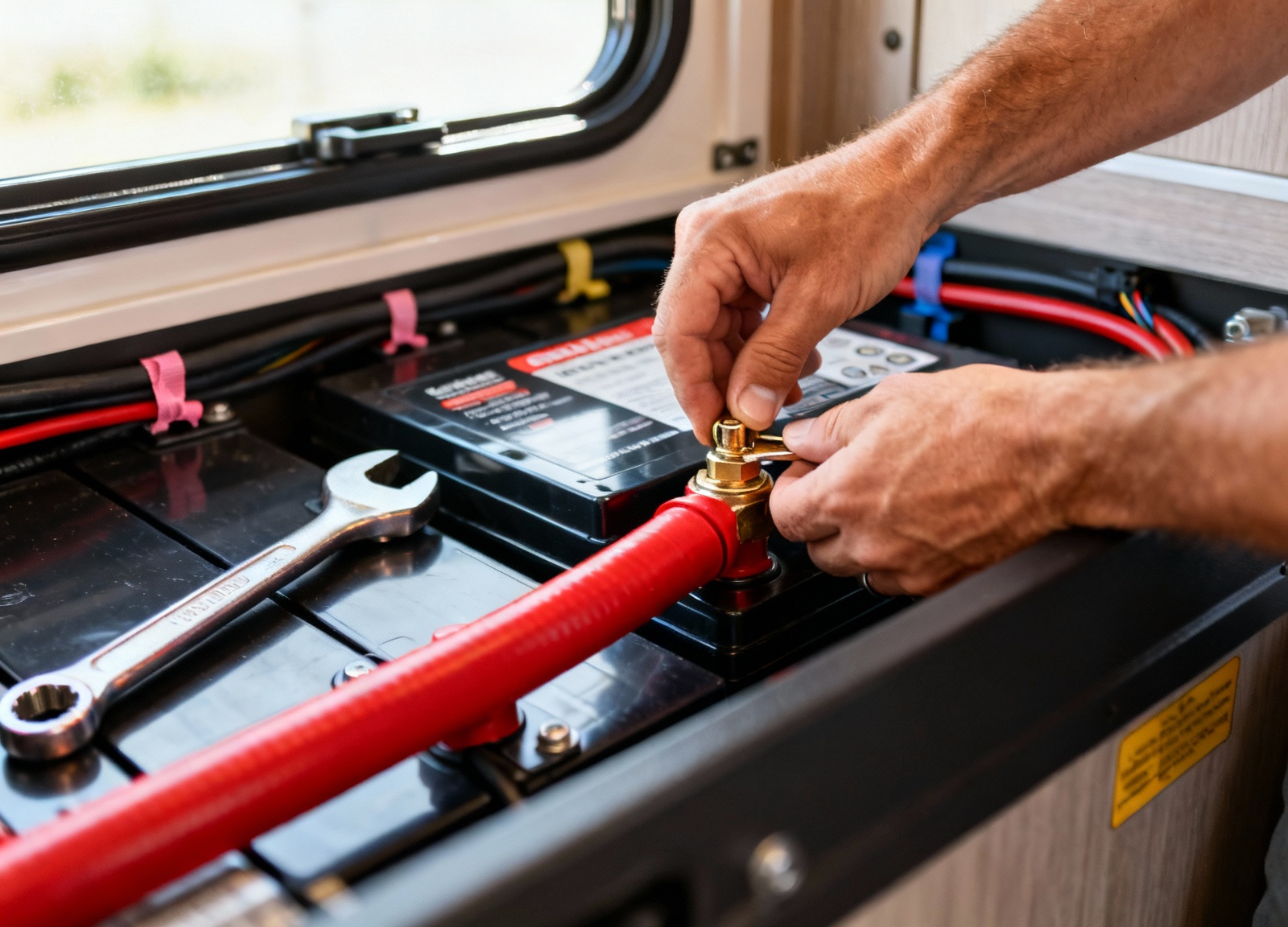 Hands securing battery cable connection on LiFePO4 battery terminal in RV