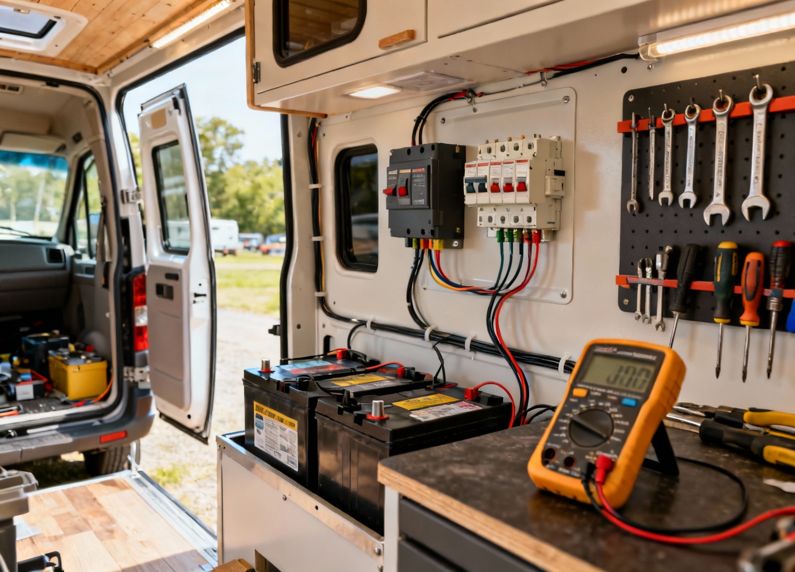 RV electrical workspace showing battery fuse holder and safety disconnect installation