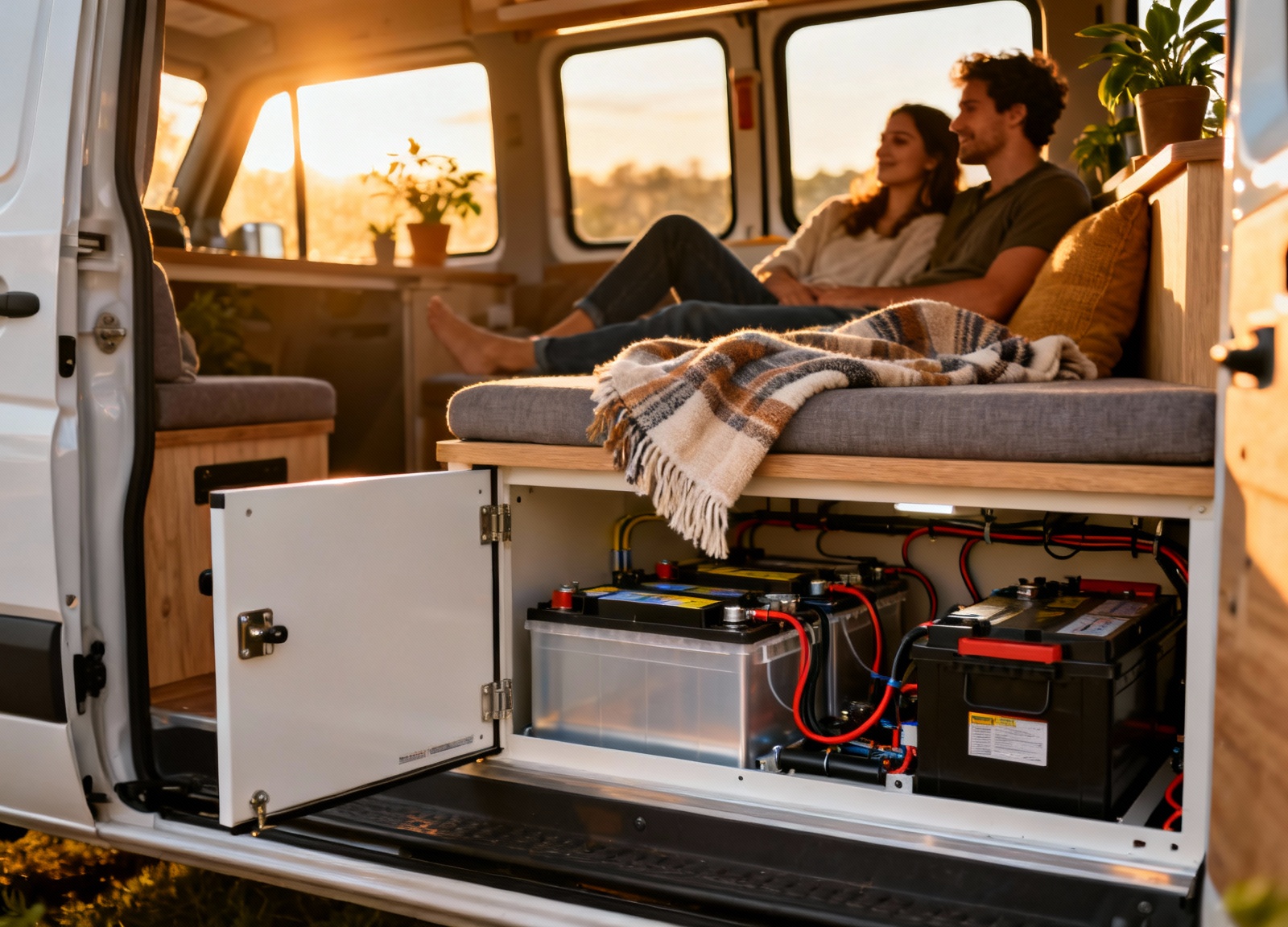 Couple enjoying van life with reliable LiFePO4 battery system powering their RV