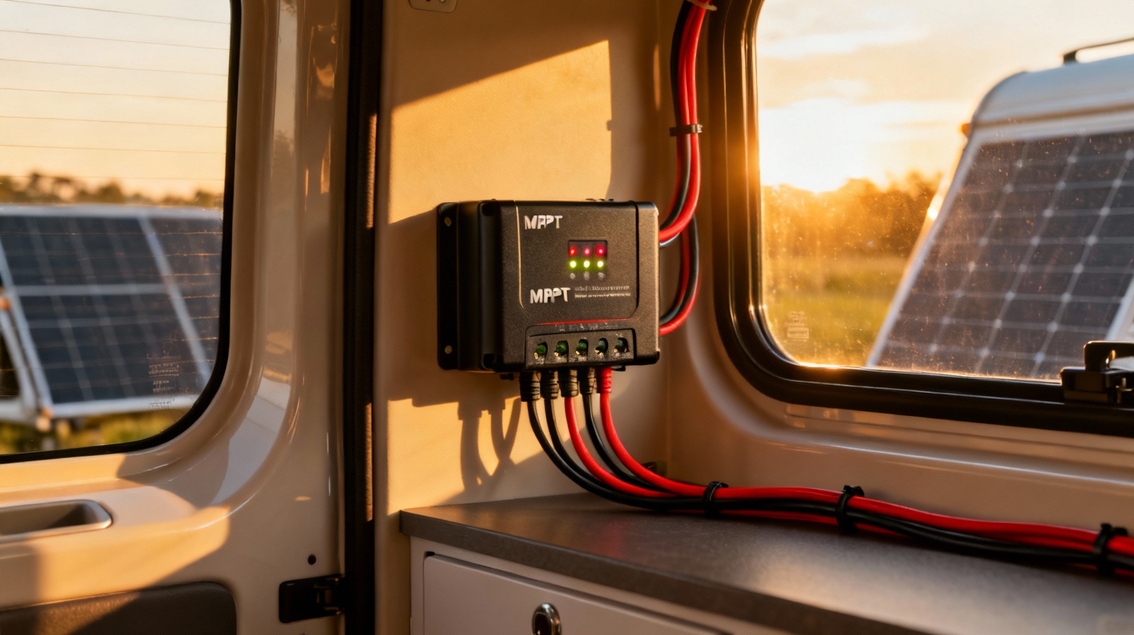 MPPT charge controller installed in camper van electrical panel with organized wiring