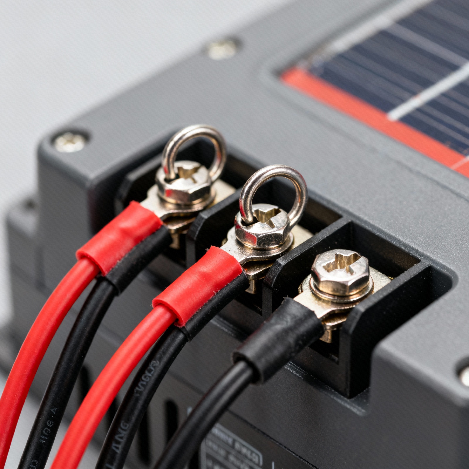 Close-up of MPPT controller terminal connections with properly crimped cables