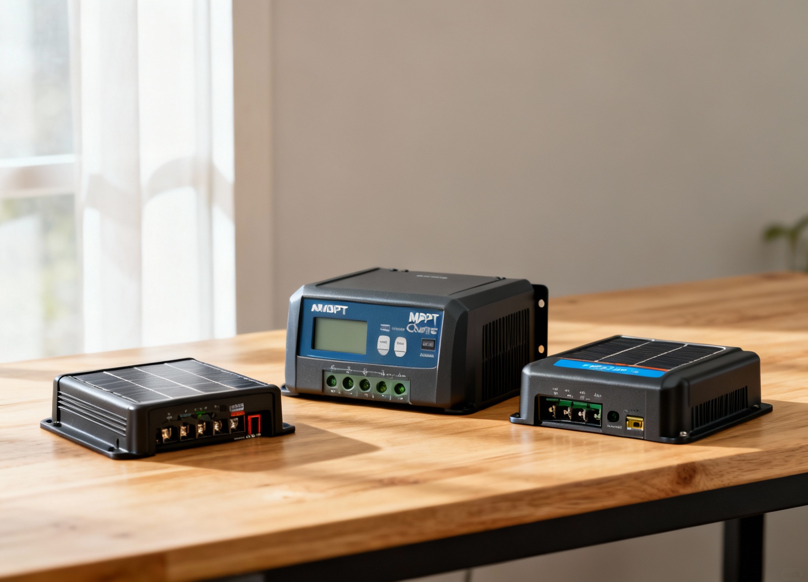 Multiple budget MPPT charge controllers displayed for size comparison on workbench