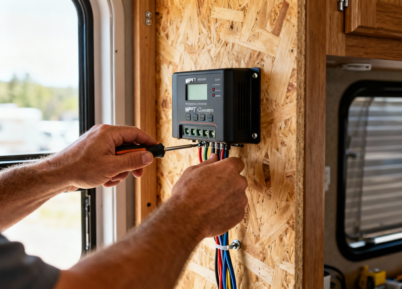 Hands installing budget MPPT charge controller inside RV electrical cabinet