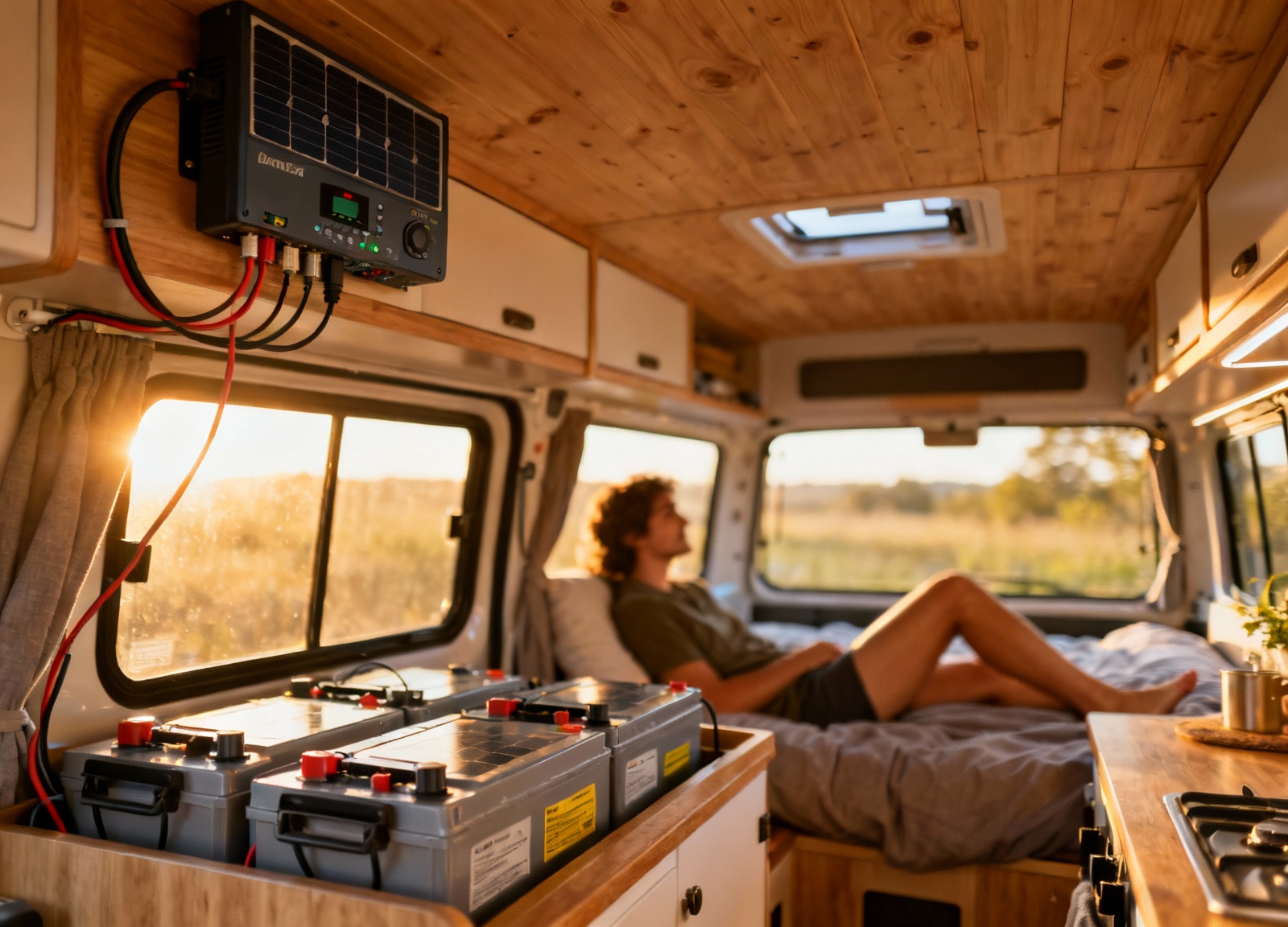 Camper van interior showing installed MPPT controller with person relaxing in background