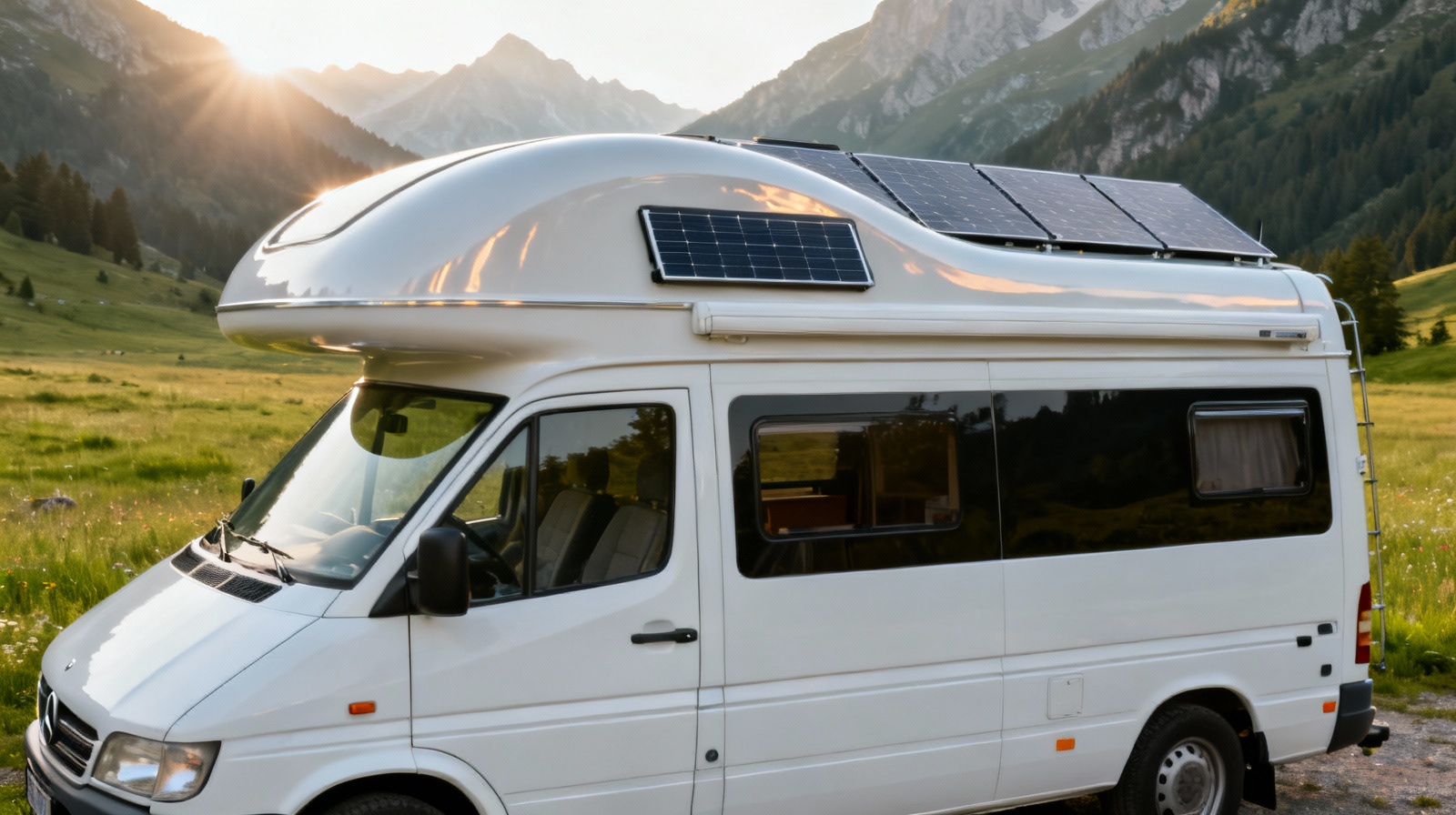 Flexible RV solar panels installed on curved camper van roof at scenic campsite