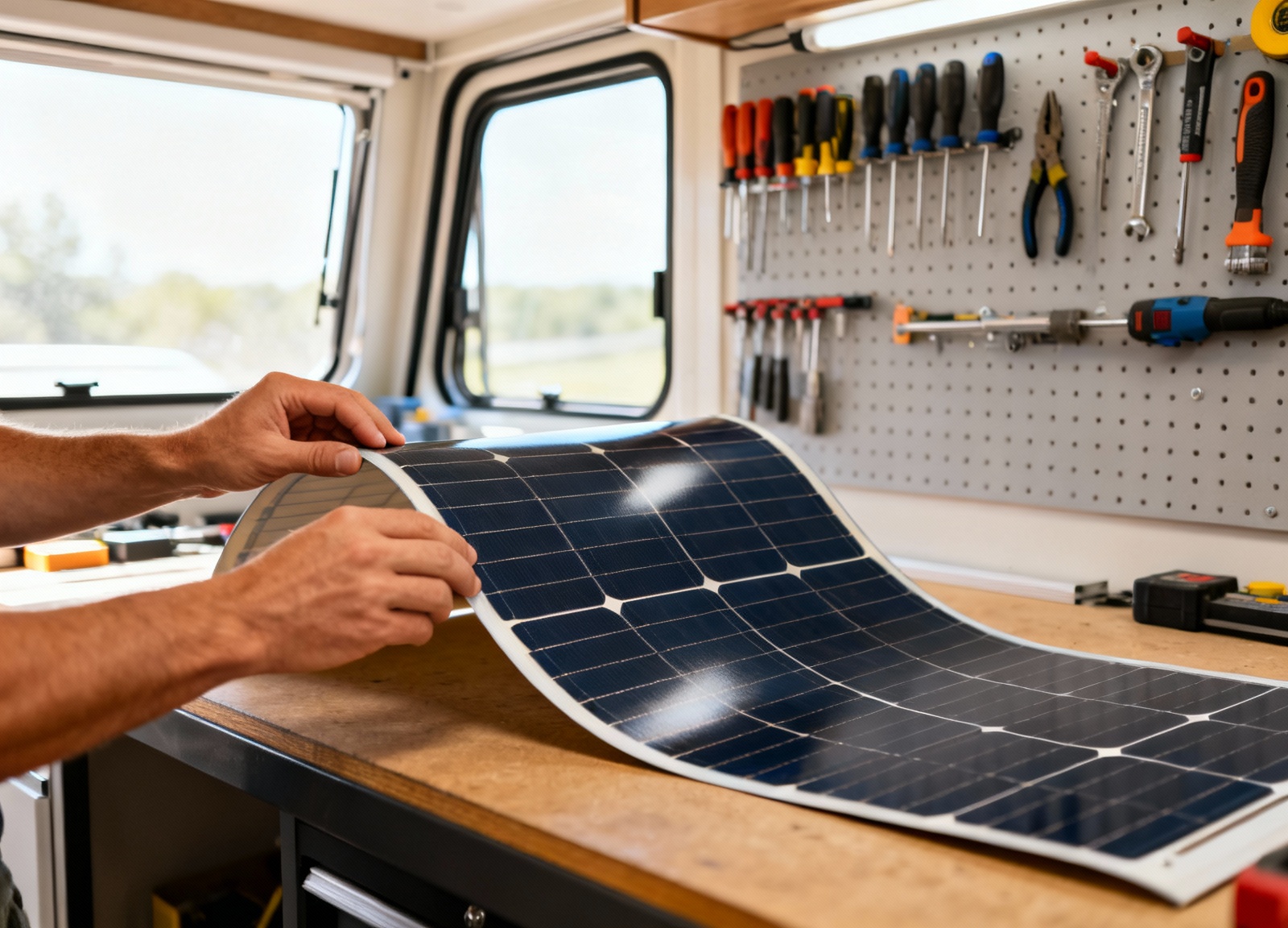 Hands demonstrating how flexible RV solar panels bend for curved roof installation