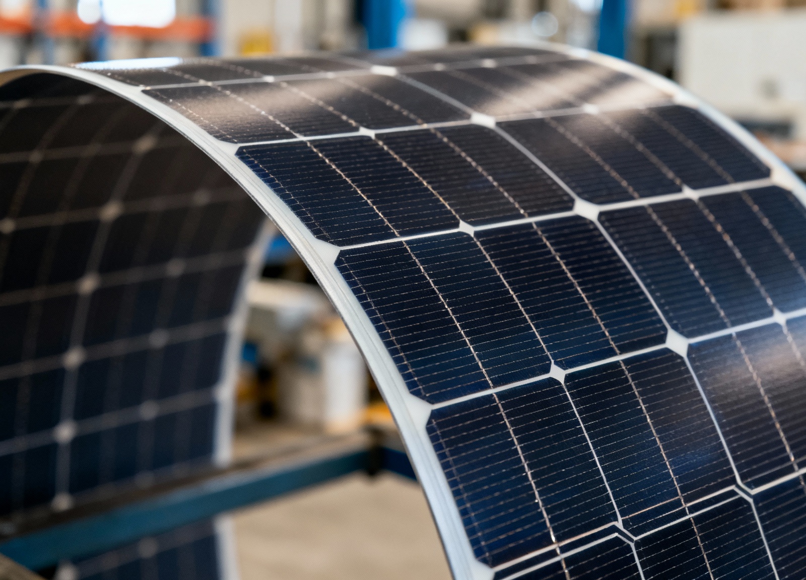 Close-up of flexible solar panel monocrystalline cells showing thin bendable profile
