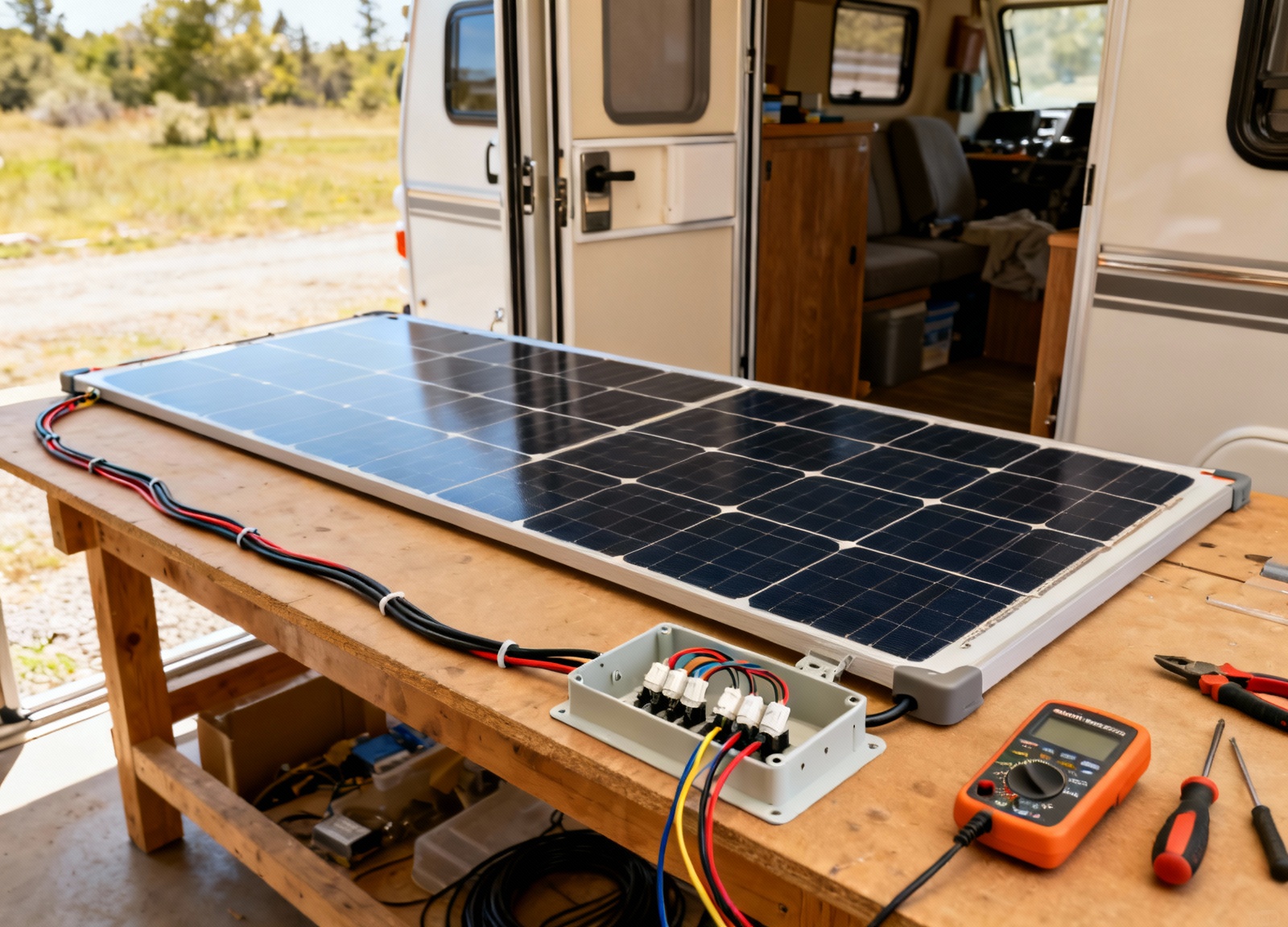 Flexible solar panel on RV workshop bench showing MC4 connectors and wiring setup