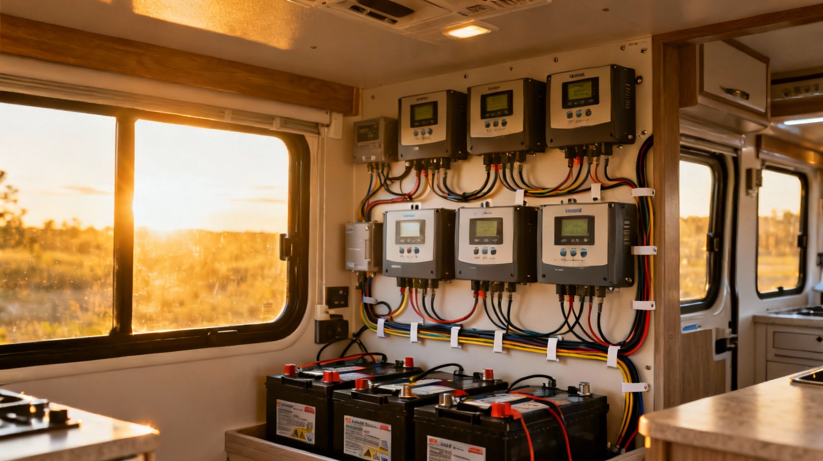 MPPT solar charge controller installed in modern RV electrical panel with organized wiring