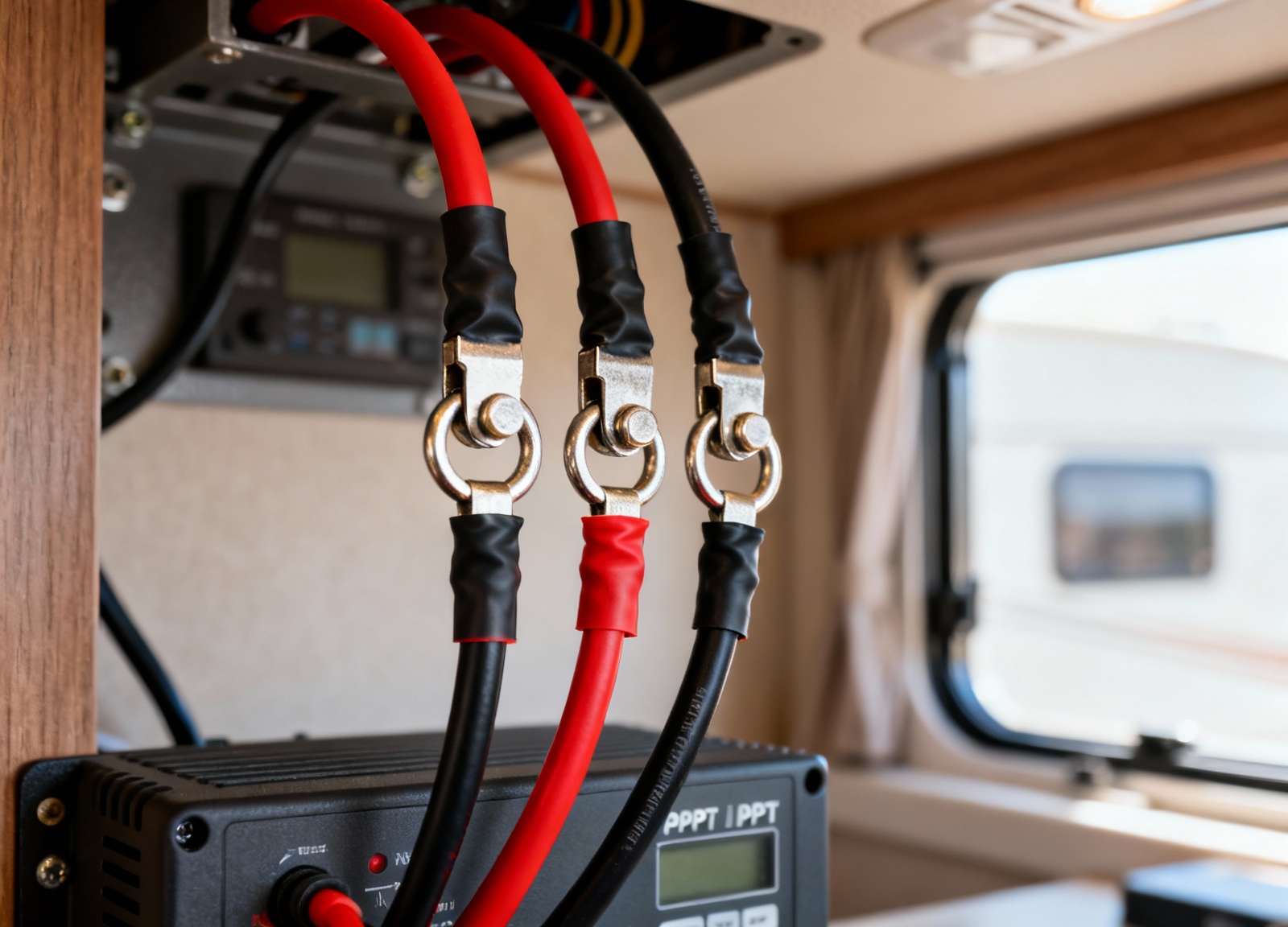 Close-up of MPPT charge controller terminal connections with crimped ring terminals