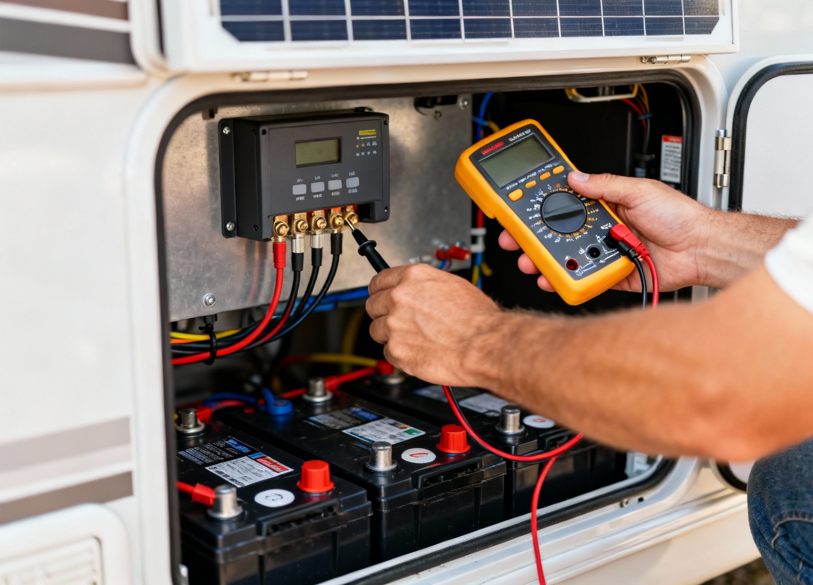Hands testing MPPT charge controller output with multimeter in RV setup